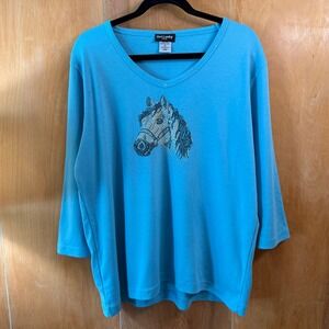 Western Cowboy Core Bedazzled Horse Graphic Turquoise Blue Knit Top XL